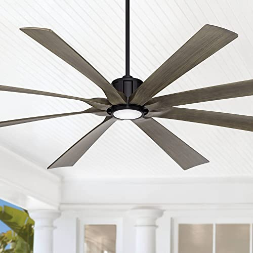 Possini Euro Design 80 Defender Modern Industrial Outdoor Ceiling Fan with Dimmable LED Light Remote Control Matte Black Damp Rated for Patio Exterior House Home Porch Gazebo Garage Barn