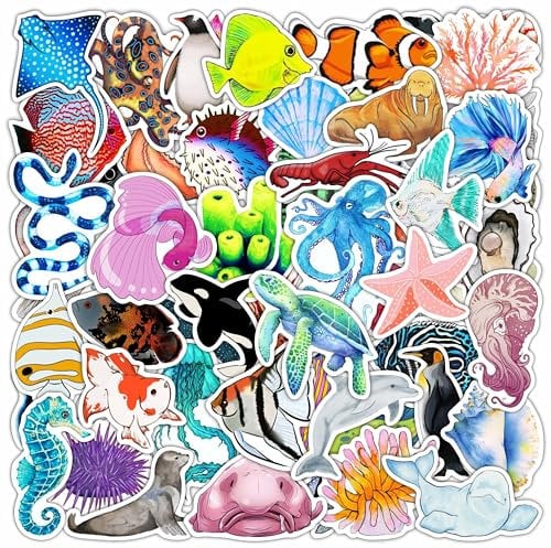 BulbaCraft 100Pcs Ocean Animal Stickers, Ocean Creature Stickers for Water Bottles, Under The Sea, Whale, Fish, Shark, Seashell, Dolphin Laptop Decals, Gifts for Women & Men