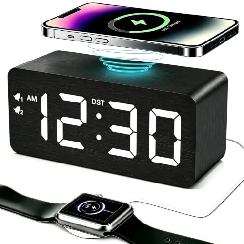 Premium Wooden Digital Alarm Clock with Wireless Charger, Dual USB Charging Ports, 0~99%Dimmable Large Time Display, DST, Snooze, Small Digital Desk Clock for Bedrooms Nightstand Bedside Office