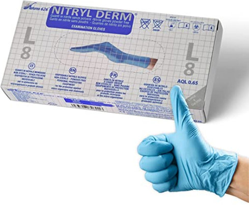Cura Farma Guanti in Nitrile Blu Monouso da Lavoro Medici. Privi di Lattice e Polvere Talco. Confezione 100 pz (Taglia L)
