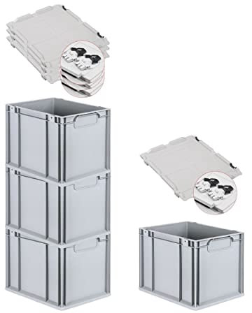 PROREGAL SuperSparSet 4x Eurobox NextGen Economy mit Scharnierdeckel & schwarzen Verschlüssen | Griffe geschlossen | HxBxT 32x30x40cm | 30 Liter | Eurobehälter Transportbox Transportbehälter