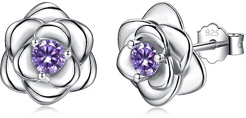 Silver Earrings for Women, Sterling Silver Stud Earrings Hypoallergenic Purple Cubic Zirconia Dainty Flower Rose Stud Earrings for Ladies Girls Birthday Christmas Jewellery Gifts