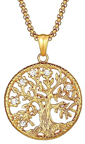 HIJONES Collier Pendentif Arbre de Vie pour Homme en Acier Inoxydable avec Zirconium Cubique Or