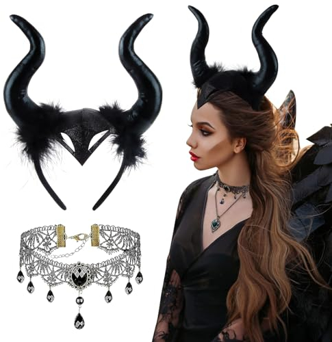 badaren Corne Diable Noir, 2 Pcs Bandeau Corne de Démon, Corne Diable Serre Tete avec Chocker Dentelle, Diable Cornes Ensemble pour Gothique Décoration Halloween Carnaval Cosplay Party Femme Carnaval