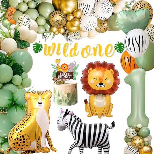 Decoración Cumpleaños Niño 1 Año, Globos Cumpleaños 1 Año Niña,Globos Jungla Cumpleaños,Globos Animales de Selva 1 Año para Jungla Fiesta de Primera Cumpleaño