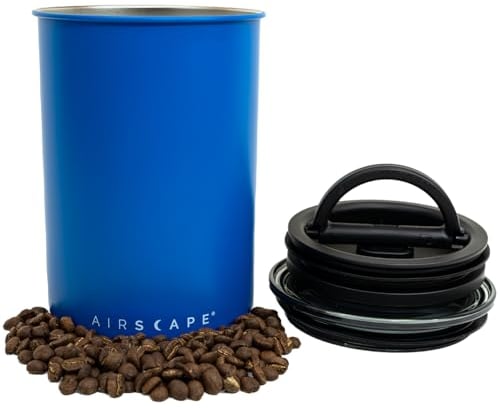 Planetary Design Airscape Stainless Steel Coffee Canister | Food Storage Container | US patented Airtight Lid | Push Out Excess Air Preserve Food Freshness (Medium, Matte Blue)