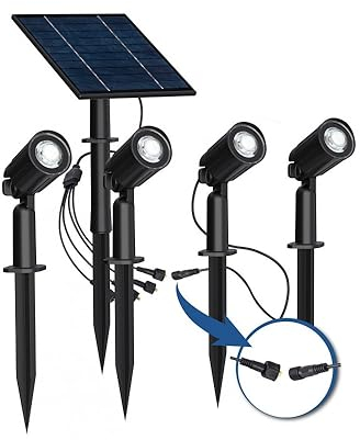 M Ledme - Luces Solares LED exterior Jardin con pincho Roxi, Kit de 4 focos solares, Impermeable IP65, Luz Potente, Luz cálida (3000K), para Jardín, Camino, Cesped, etc.