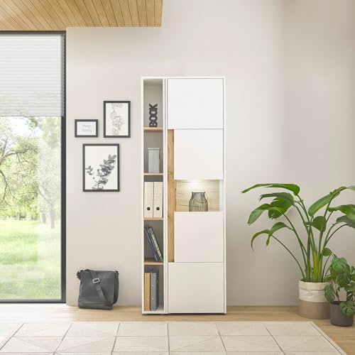 Lomadox Vitrinen Set weiß mit Eiche 2-teilig modern, 1 Vitrine mit Beleuchtung, 1 Regal
