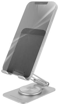 Mars Gaming MA-RSS, Supporto per Smartphone Pieghevole, Rotazione Dinamica 360° + Regolazione dell'Altezza e Angolo di 180°, Supporto per Cellulare in Alluminio, Antiscivolo, Grigio Argento