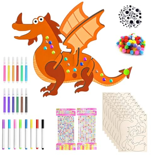 Ainiv 8 Stück Dinosaurier Holz Bastelset für Kinder, 3D Puzzle Holz zum Bemalen und Basteln, DIY Dino Holzbastelsets mit Aquarellstift, Kreative Kinderspielzeug Bemalen Handwerk für Jungen Mädchen