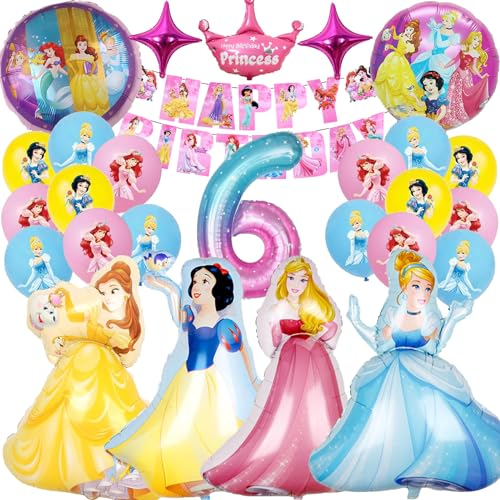 Ctxtqtdt 26 Stück Prinzessinnen Luftballons Geburtstag Set 6 Jahre Mädchen, Prinzessin Geburtstagsdeko Folienballon, Kindergeburtstag Set, Geburtstag Party Deko Ballons Set für Mädchen (6)
