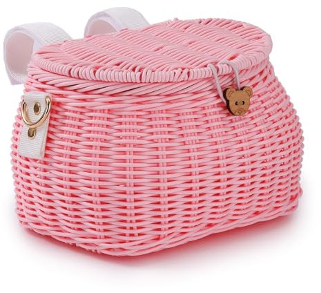 SVNR Fahrradkorb Kinder Abnehmbar, Fahrradkorb Kinder und Mädchen Vorne, Kinderfahrrad und Laufrad Korb aus Rattan, 2 Arten von Verstellbaren Riemen, Passend für Die Meisten Fahrräder, Rosa