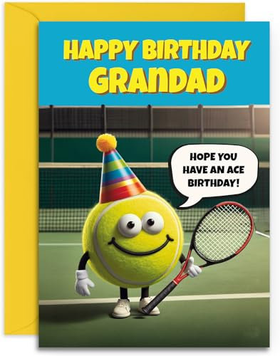 Geburtstagskarte für Großvater Tennis, lustiges Tennis-Ass-Design, A5-Größe, mit gelbem Umschlag. Entworfen und gedruckt in Großbritannien
