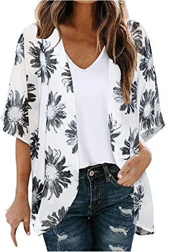 Cardigan Black Cardigans for Women Floral Printed Lightweight Casual Chiffon Open Front Cardigans Beach Kimono for Women UK Chiffon Summer Kimono Short Sleeve Ladies Lightweight Jackets Summer