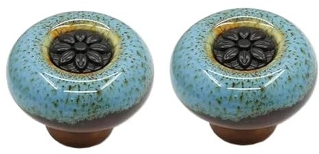 HDJNal Lot de 2 boutons en céramique – Boutons de porte d'armoire de cuisine de forme ronde vintage pour meubles et tiroirs – Vintage shabby chic (32 mm de diamètre, noir-bleu)