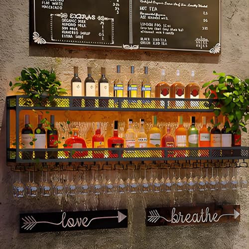 Porte-Verre À Vin Suspendu Mural Pour Bar Boissons, Porte Bouteille Muraux Métalique Étagère À Vin, Range Bouteille Avec Lumière LED,Etagere A Vin, Étagère Murale À Bouteilles(Black,Large(47x35in(120x