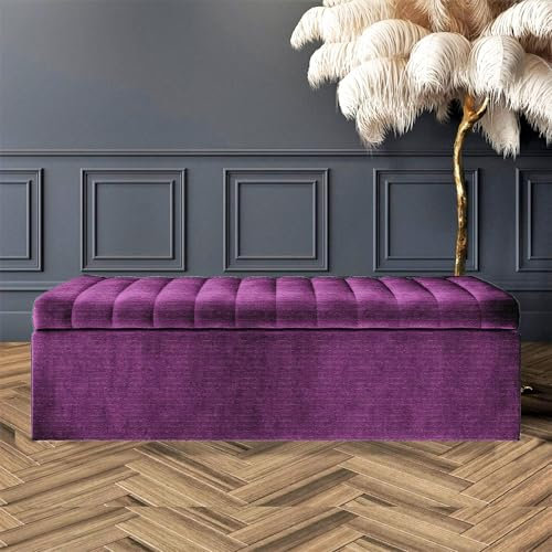 AZ Interiors Royal Furniture Naples Lined Upholstered Ottoman Storage Box, Naples Storage Shoe Bench, End of Bed Bench, Rectangle Coffee Table with Storage (Purple Naples, 4ft6 (137x40x40) CM)