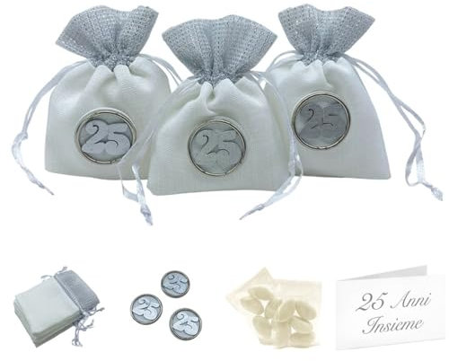 Doni Bomboniere Set Anniversario Nozze Argento 12 Sacchettini per Confetti in Cotone Panna e Argento 12 Applicazioni Numero 25 tondi 12 Bigliettini Personalizzabili 12 Bustine Confetti Bianco Gadget
