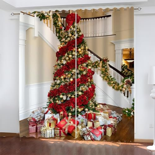 BSYYZQC Weihnachten Verdunkelungsvorhang, Vorhang Blickdicht Tannenbaum Vorhänge mit Ösen, Gardinen Verdunklungsvorhänge für Wohnzimmer Schlafzimmer Kinderzimmer 2er Set 145x140cm (HxB)