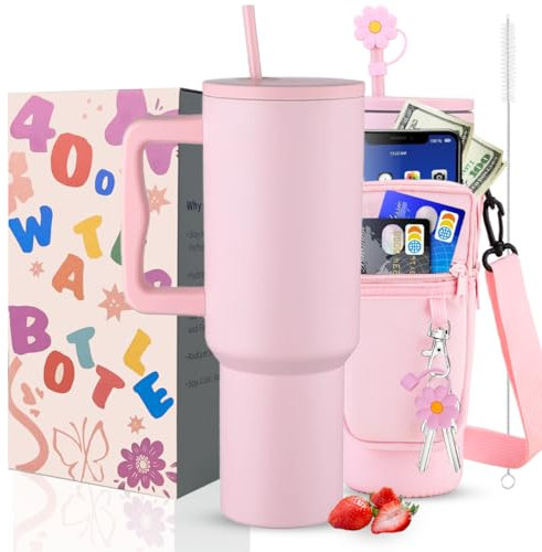 Sanilinwild 40 oz Tumbler with Handle and Straw Water Bottle Holder with Phone Pocket-BPA-Free-Easy to Carry-Travel Coffee Mug - Dishwasher Safe-Women Men for Holiday (Rose Quartz)
