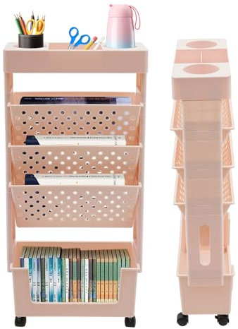 DHQCQL Lagerregal Kleines Bücherregal Rollen Rollwagen, Faltbarer Rollwagen mit 5 Ebenen und 360° Arretierbar Drehbare Räder, Standregal für Wohnzimmer Küche Bibliothek Schlafzimmer Büro (Pink)