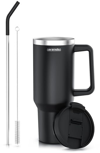 Arendo – Trinkflasche Thermobecher Doppelwandig - 1200 ml – Vakuumgehäuse Edelstahl - Kaffeebecher Auslaufsicher - luftdichter Verschluss - mit Strohhalm - Für Heiß- und Kaltgetränke
