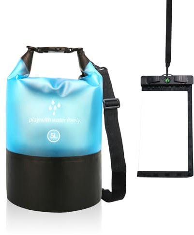 Dry Bag Wasserdichte Tasche 5L Blau Wasserdicht Rucksack mit Wasserfester Handytasche und Kompass Verstellbarer Schultergurt Waterproof Backpack für Kajak Fahren, Wandern, Camping, mehr