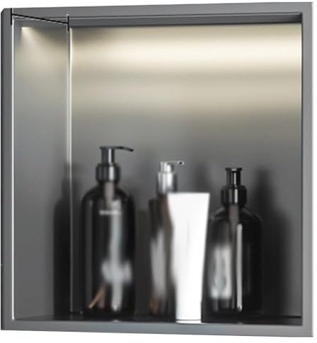 Badezimmer-Wandnische, wasserdichte Duschnische, versenkt, eingebaute Badezimmer-Caddys aus Edelstahl, Metall-Aufbewahrungsschränke, Toilettenpapierhalter mit LED-Licht für die Hintergrundwand