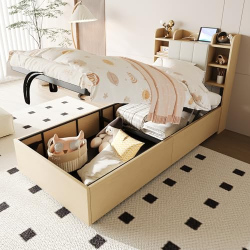 Oslghy Einzelbett Stauraumbett 90x200 cm, Holzbett mit USB Type-C Port und Stauraum Lagerregal, Verstellbares Kopfteil, Modern Jugendbett Bettgestell mit Lattenrost aus Holz, Holzfarbe, ohne Matratze