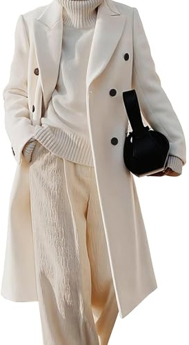 Kinghua Wool Coats for Women 2025 Fall Winter Dress Pea Coat Double Breasted Jackets Long Trench Coat Peacoat, White, M