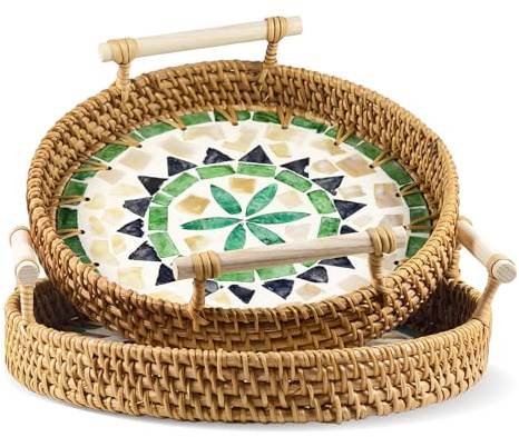 Welhammsae Juego de 2 Bandejas de Ratán con Asas Redondo Mimbre Tejido Cesta Organizadora Bandeja para Mesa de Centro para el Hogar Cocina Baño Sala de Estar Decoración(Bohemia)