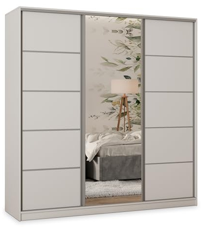 Masseno Schwebetürenschrank PINA 180/205/58 cm Kleiderschrank mit 4 Schubladen Schlafzimmer Schiebetürenschrank 3-türig mit Spiegel Weiß
