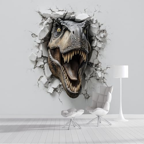 3D-Dinosaurier Bricht Durch Wände Wandbild Wanddekoration, 200x140cm Panorama Poster Wandbild Tapete Tyrannosaurus Rex-Wanddurchbruch-Stil, Grau Seide Wandtapete Für Kinderzimmer Babyzimmer Dekoration