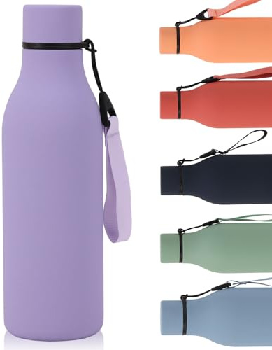 Water Bottle with Strap 550ml, Stainless Steel Water Bottle, Double Wall Insulated Flask Bottle Keeps 24H Cold/12H Hot, Leakproof Metal Drinks Bottle, BPA-Free for Travel, Gym, Hiking (Purple)