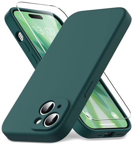 Vansdon Coque pour iPhone 15,Housse Silicone Liquide Mince, Vert foncé | Doublure Microfibre Anti-Rayures, 1x Film de Protection en Verre Trempé, Protection Antichoc