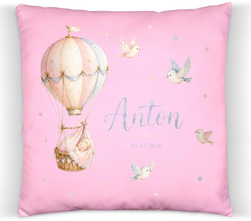 ZauberPrints Heißluftballon Kissen mit Name und Datum – Deko zur Geburt | Kuschelkissen mit Baby im Ballon-Körbchen · 37x37 cm · Baumwolle · Kinderzimmer-Deko · Geschenk zur Geburt & Taufe