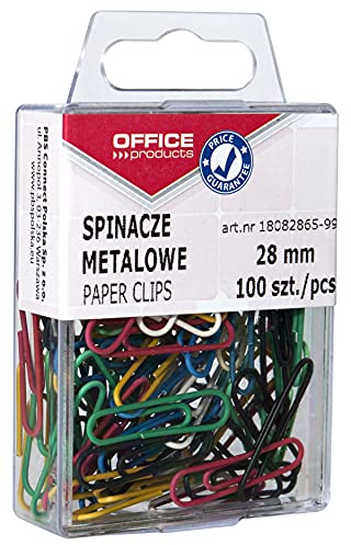 OFFICE PRODUCTS 18082865-99 Büroklammern Metallbriefklammern Bunte Lackiert in der Box/ 28mm - 100 Stück/Farbig Sortiert - Kunststoffummantelt/in Praktischer Aufbewahrungsbox