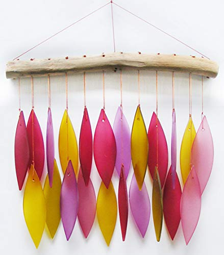 Asiastyle Glaswindspiel Blätter, feuerfarben, 30 cm hoch, Treibholz & recyceltes Glas