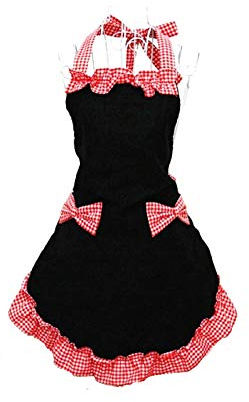 HANERDUN Kochschürze Frauen Damen Schürze Küchenschürze Rot und Schwarz Verstellbar Petticoat mit zwei Taschen Bowknot Schleife für Kochen Backen Grillen Geschenk Idee