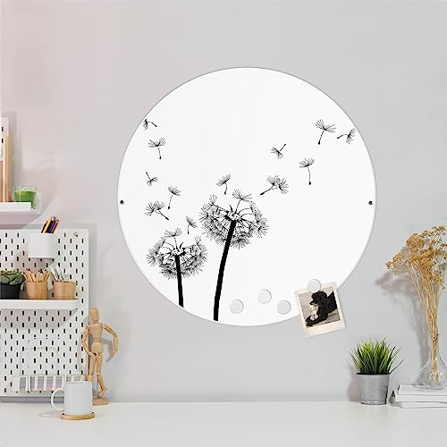 banjado® Magnettafel Ø 47cm Weiß/Magnetwand aus Metall/Magnetpinnwand als Memoboard Pinnwand Magnettafel Küche, Büro, Kinderzimmer inkl. 4 Magnete & Montageset - Motiv Pusteblume 2