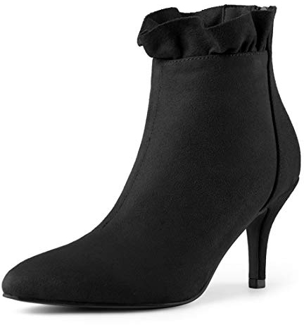 Allegra K Damen-Stiefeletten mit spitzer Zehenpartie, Stiletto-Absatz und Rüschen Schwarz 38.5