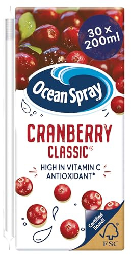 Ocean Spray Classic Cranberry Juice Drink - 30 x 200ml - Sugar & Natural Sweetener Fruit Juice - Rich in Vitamin C & High in Antioxidants - Made with Whole Cranberries
