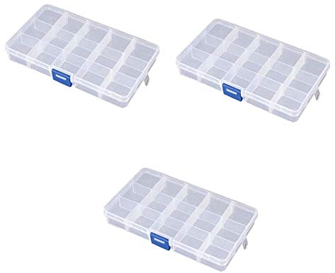 3 Pack 15 Cell Clear Plastic Storage Organiser Compartment Craft Bead Box Case Nail Art Gem Bits Small Screws Seperator Split Shot Unit Box Watch Screws Divider Custom Changeable Section Sectioned