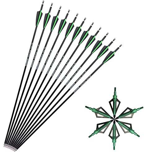 SHARROW 12x Carbonpfeile 30 Zoll Bogenpfeile Jagd Pfeile für Bogen Spine 500 für Recurvebogen Compound Bogen (Grün+12pcs Broadhead)