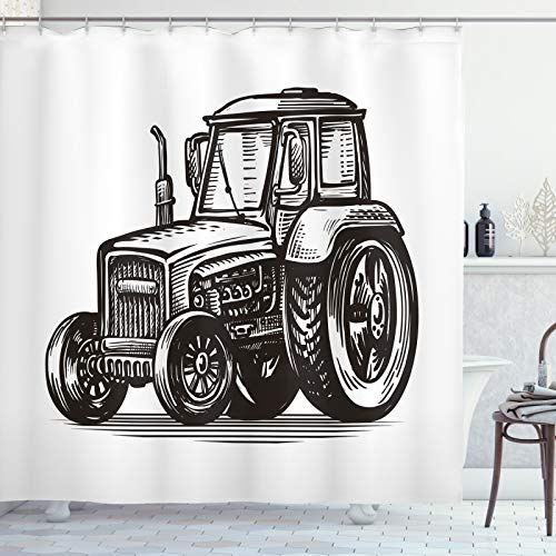 ABAKUHAUS Vintage Trucks Duschvorhang, Landwirtschaft Traktor Kunst, Stoffliches Gewebe Badezimmerdekorationsset mit Haken, 175 x 200 cm, Dunkelbraun Weiß