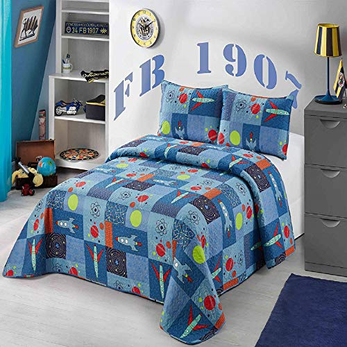 Better Home Style Blaues Raumschiff Rakete Raumschiff Universum Galaxie Kosmos Planeten Themed Kinder/Jungen/Kleinkind 3-teiliges Tagesdecken-Set mit Kissenbezügen # Raumschiff (Queen/Full)