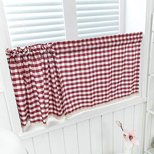 Dreamskull Kurzstores Gardinen Küche Kurz Fenster Küchengardine Scheibengardine Bistrogardine Landhausstil Modern Vintage Vorhänge Vorhang Kurzvorhang Kariert 2er Set (Rot, 74 x 90 cm*2)