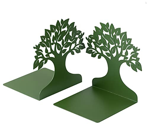 Baroni Home Lot de 2 Serre-Livres en Métal pour Bibliothèque, Serre Livres pour Bureau, école, Chambre, Salon, Motif Arbre, Couleur Vert, 15x6x16 cm