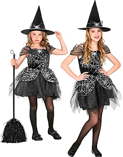 W WIDMANN MILANO Party Fashion - Kinderkostüm Hexe, 2-teilig, Kleid und Hut, Schwarz-Silber, Spinnen-Netz, Märchen, Kostüm, Verkleidung, Mottoparty, Karneval, Halloween