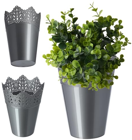 KADAX Spitzen-Blumentopf aus Kunststoff, 9 Farben, Blumentopf mit Spitzenmotiv, Blumentopfschutz für Büro, Topf, Gartenschale, Blumenkübel, Übertopf (⌀ 14,5cm, Hoch, Silber)